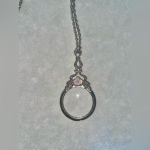 ** Vintage Silver Tone Magnifying Glass Necklace w/ Pink Porcelain Rose **